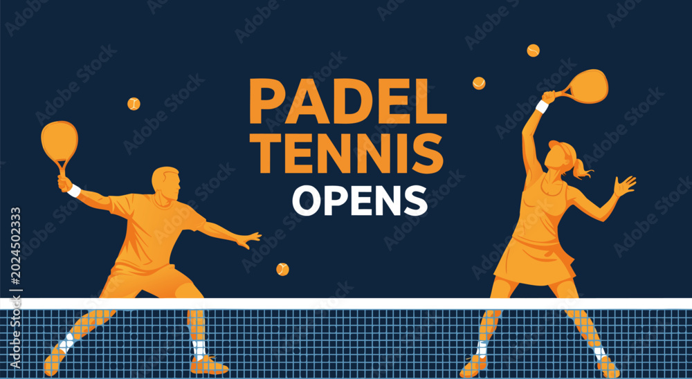 Obraz premium Dynamic vector illustration of padel tennis players competing in an open tournament, showcasing energetic action and the exciting sport