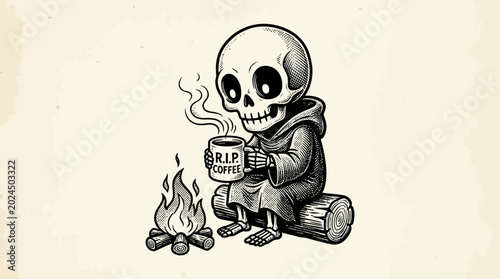 Canvastavla Skeleton sitting by campfire drinking coffee.