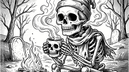 Konstfotografi Skeleton holding skull coffee cup.