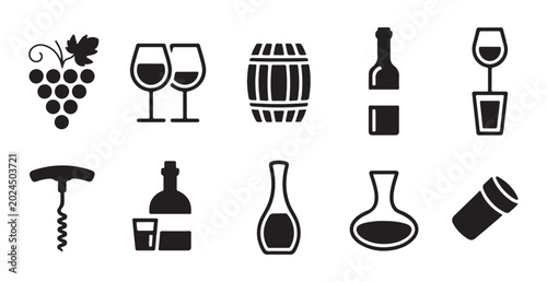 Photos Wine production and sommelier tool set featuring grapes bottle corkscrew and decanter silhouettes vector