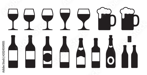 Bild auf Leinwand Collection of stylized alcohol drinks including wine glasses beer mugs and bottles isolated on white