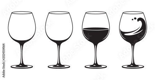 Foto Four wine glasses one empty two with red wine and one splashing with drink on white background