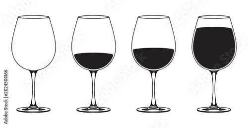Cuadro en lienzo Four wine glasses showing different levels of liquid from empty to full on white background