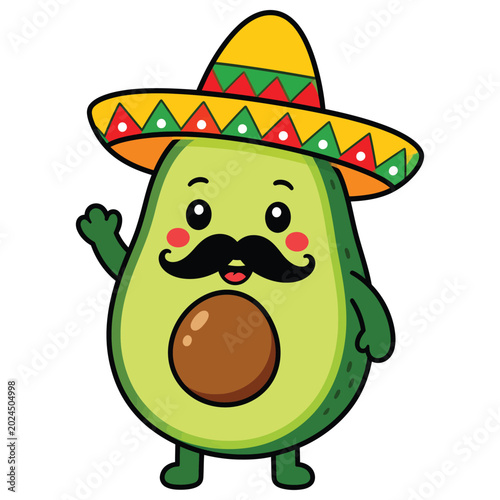 Cute cartoon avocado character wearing a sombrero hat and mustache