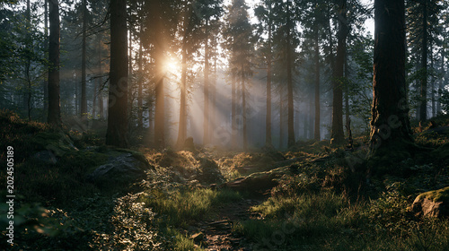 Cinematic Forest Light Rays Through Tall Pine Trees at Golden Hour