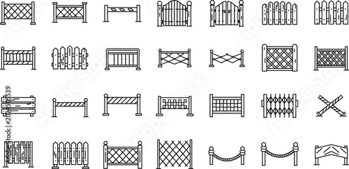 Canvastavla wooden fence and steel gate vector outline icon set featuring barricades railing