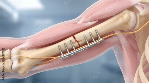 3D bone fracture with metal plate screw fixation surgical implant arm anatomy
