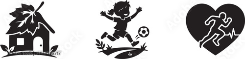 Photos Black silhouette icons of house, girl kicking soccer ball, and runner in heart