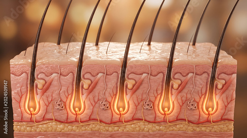 3D skin cross section showing multiple glowing hair follicle and root bulb