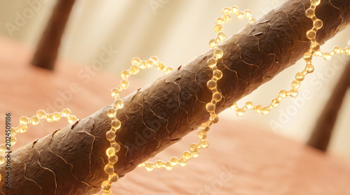 Damaged hair strand with golden serum molecule chain wrapping around surface