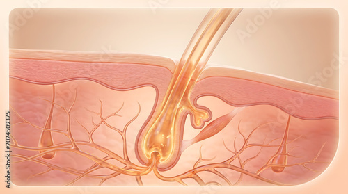 Single hair follicle cross section showing root bulb blood vessel anatomy illustration