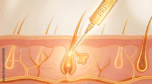 PRP syringe injecting golden platelet serum into hair follicle scalp treatment procedure
