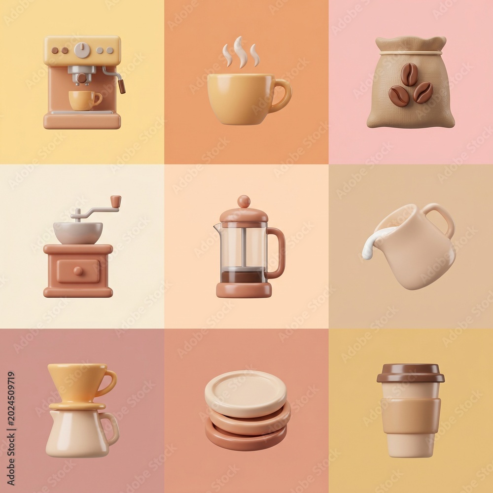 Obraz premium Minimalist 3D coffee shop elements collection with warm pastel background