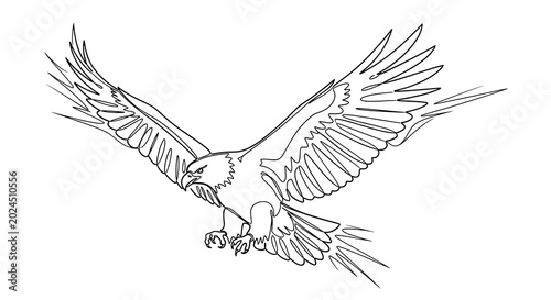Detailed line art illustration of a majestic eagle with spread wings isolated on white background