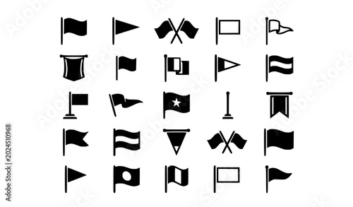 Photos Black and white flag icon set with waving pennant and banner symbols isolated on