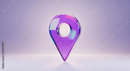 Glossy purple glass location pin icon on purple background