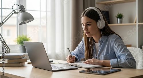 Young woman studying with laptop and headphones at home desk