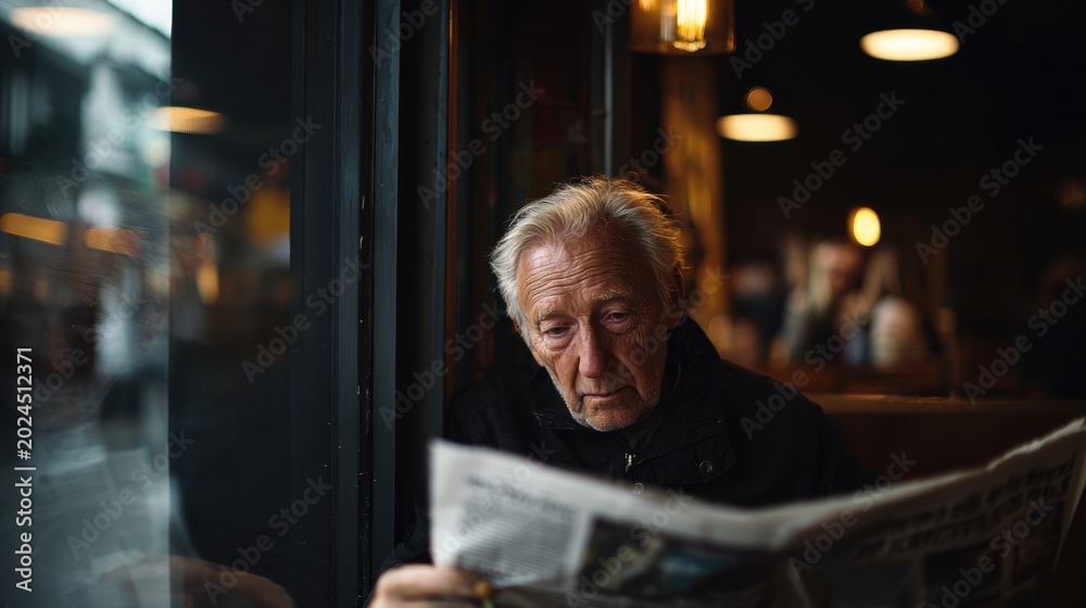 Obraz premium An elderly man reading a newspaper in a café