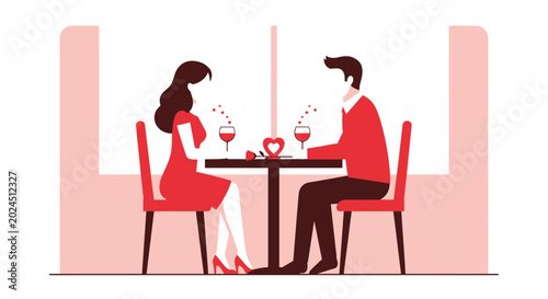 Couple on Romantic Dinner Date at Restaurant Table with Wine and Heart Decoration