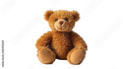Obraz na plátne Isolated fluffy brown teddy bear toy sitting and smiling, symbol of childhood an