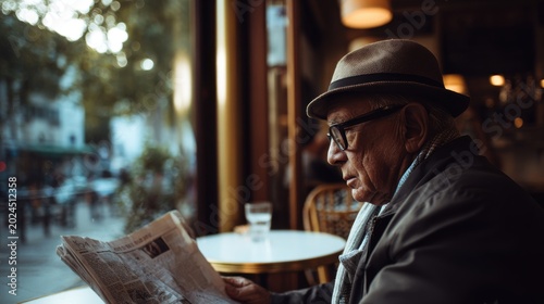 An elderly man reading a newspaper in a café
