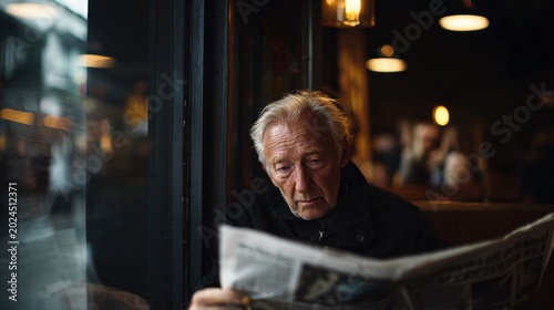 An elderly man reading a newspaper in a café