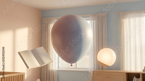 Balloon floats gently in a sunlit nursery interior next to a levitating open book and a glowing orb lamp creating a whimsical and dreamy atmosphere.
