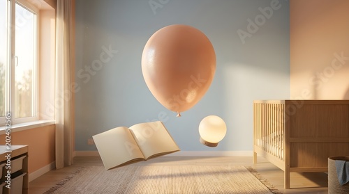 A large balloon floats gently in a serene nursery room with an open book
