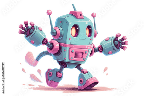 Canvas Print Isolated delightful cartoon robot in teal and pink colors depicted in a joyful r