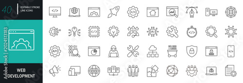 Web development icon set. Containing code, API, programmer coding, app, flow, web coder, bug fix, software, and more. Editable line icons. Vector illustration.