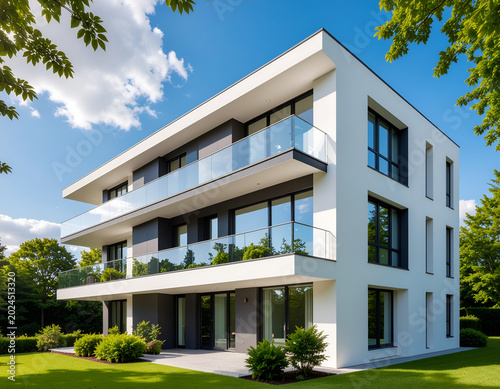 A modern, multi-level white house with expansive glass windows and balconies stands proudly against a vibrant blue sky, surrounded by lush greenery and a meticulously manicured lawn.