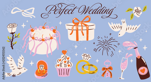 Foto Perfect Wedding Celebration vector sticker elements set with cartoon funky groov