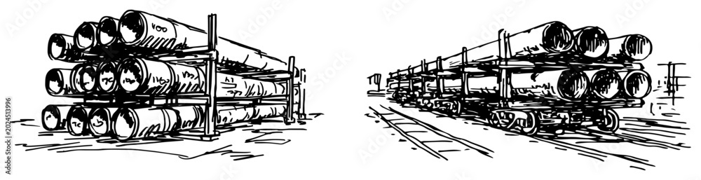 Naklejka premium Transport of industrial pipes on railway wagon and storage rack sketch illustration