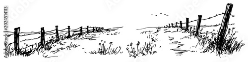 Tableau sur toile Rural landscape with wooden fence and barbed wire in hand drawn sketch style