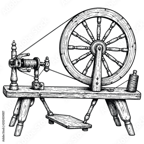 Vintage antique spinning wheel illustration in woodcut or engraving style