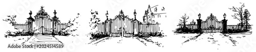 Foto Ornate iron gates for estate or park entrance black ink sketch style