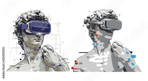 David statue wearing virtual reality goggles with digital glitch art effect
