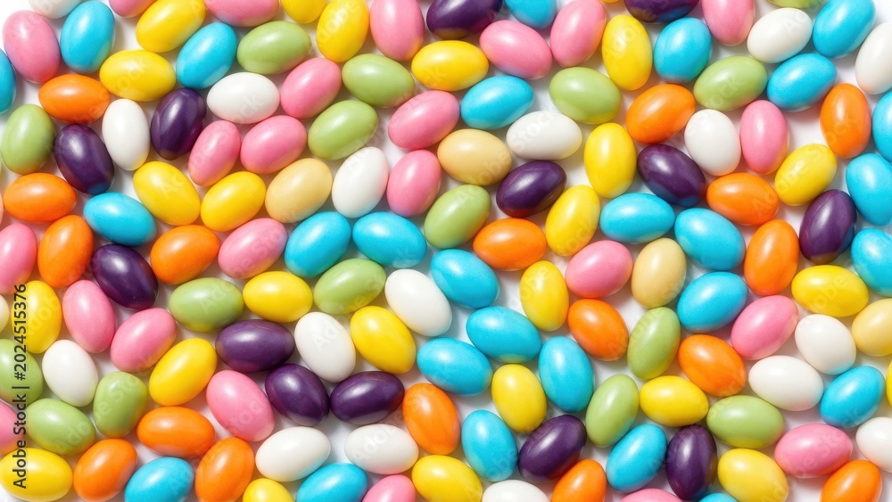 Fototapeta premium Colorful jelly beans pile close-up vibrant mix sweet candy texture background food celebration dessert