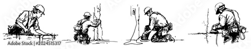 Foto Construction workers performing various maintenance and repair tasks hand drawn