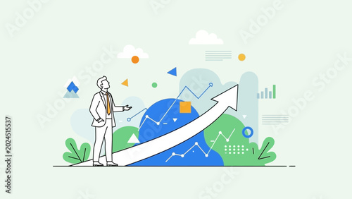 Businessman looking at upward trending graph with arrow, symbolizing growth and success