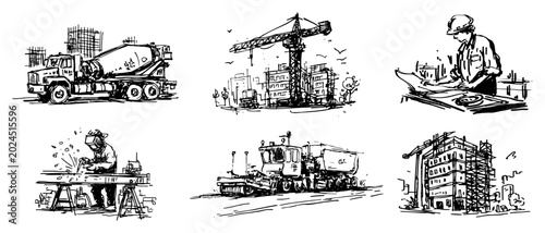 Construction site equipment and workers collection set black ink sketch style