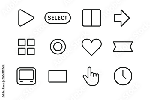 Arcade UI Icon Set. Arcade UI elements. Line outline icon set of Arcade UI elements: start icon, select icon,