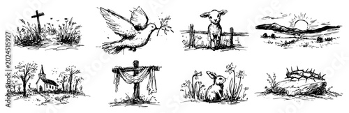 Christian religious symbols set for easter featuring dove cross lamb and church in hand drawn sketch style