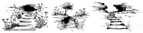 Stone paths leading to cave entrances in nature black ink sketch style
