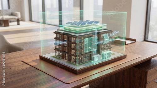 Miniature 3D model of sustainable building with rooftop solar panels heat pump battery storage and energy flow under transparent holographic dome on wooden desk smart green architecture concept