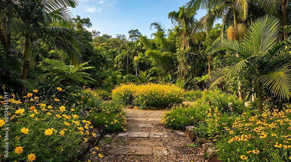 Obraz premium A serene stone path winds through a lush tropical garden filled with vibrant yellow cosmos flowers under a clear blue sky