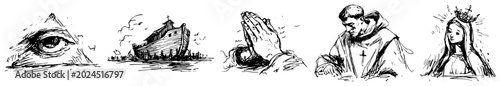 Foto Religious symbols collection with eye of providence noahs ark and praying hands