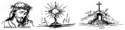 Foto Religious set with Jesus in crown of thorns monstrance and empty tomb black ink