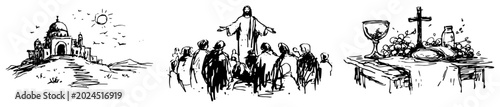 Foto Christian scenes with church building sermon to crowd and communion table black