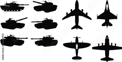 Cuadro en lienzo Military Tank and Aircraft Silhouette Collection with Battle Tanks Fighter Jets